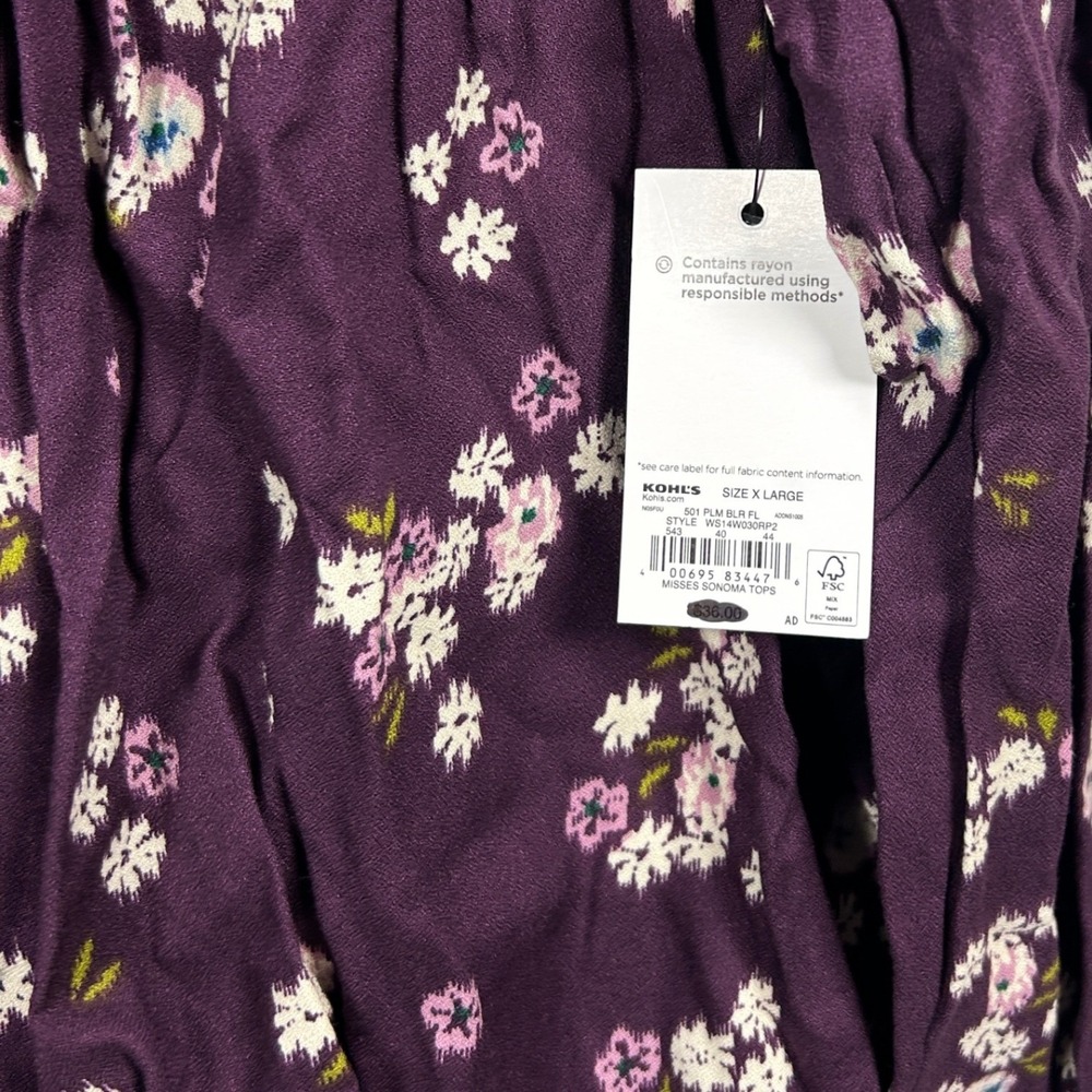 NWT Sonoma Blouse Women's XL Plum Purple Floral Smocked Neck Boho Peasant Office - Picture 5 of 7